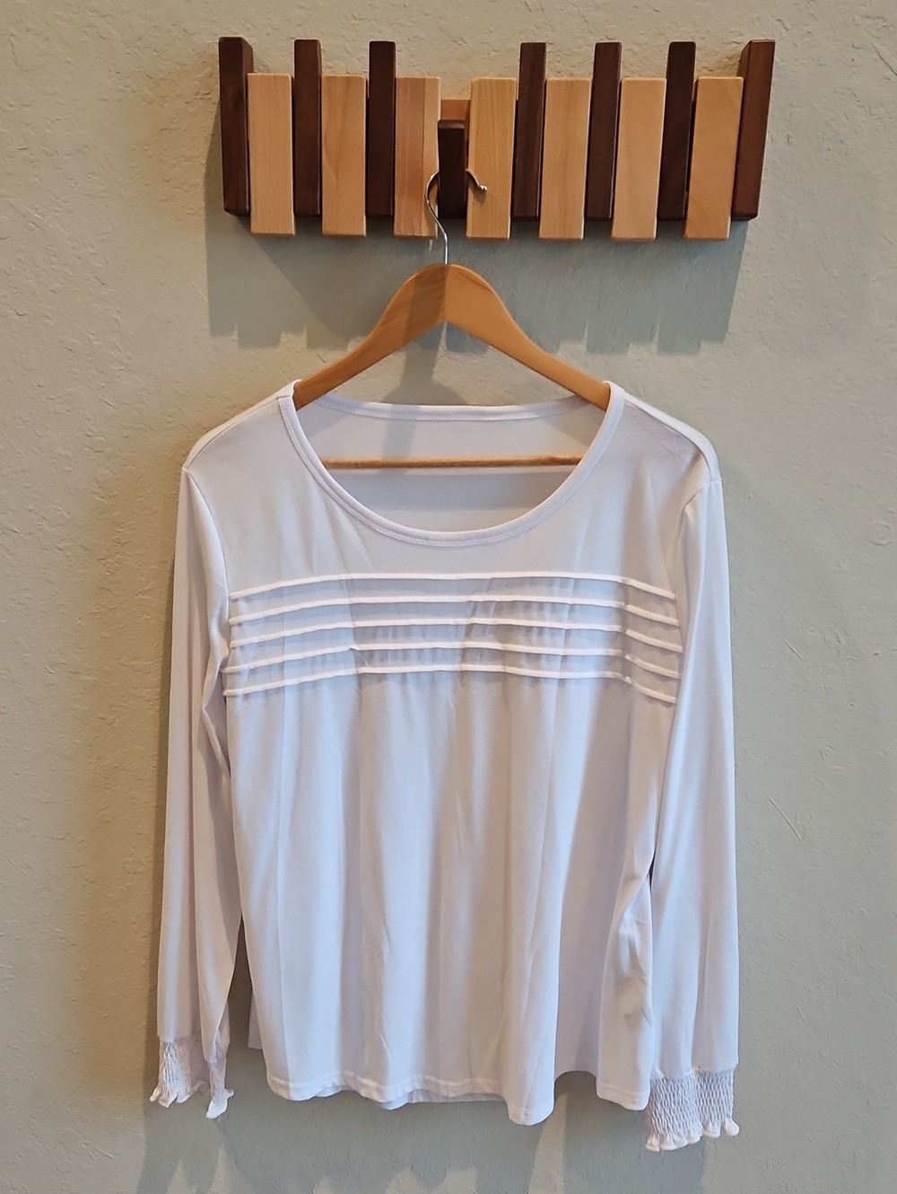 Women's White Long-Sleeve Pintuck Front Top